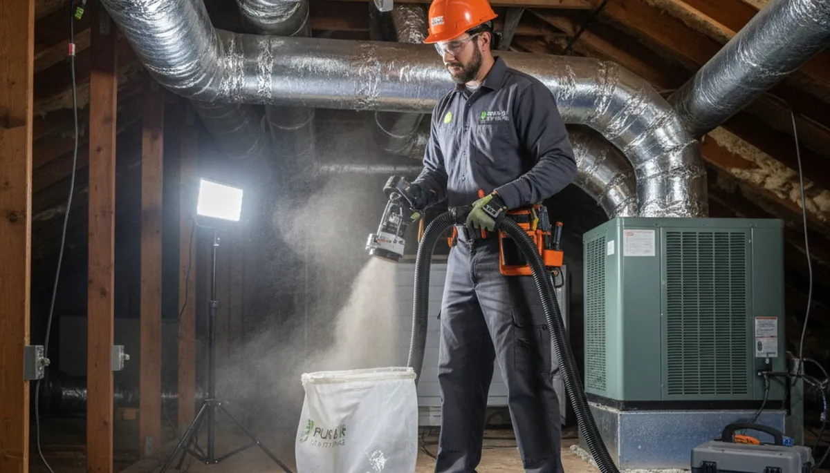 Technician cleaning air ducts for HVAC system in San Antonio TX home by Five Star Cooling