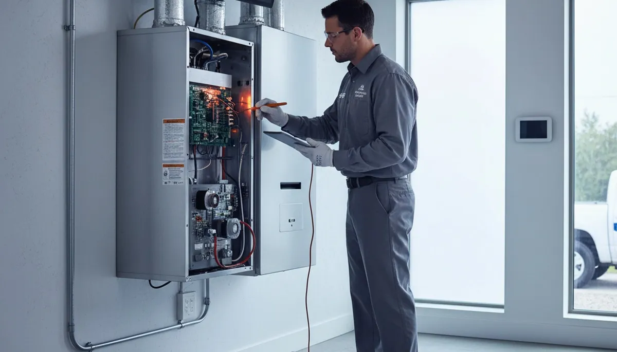 Technician performing residential heating repair service in San Antonio, TX for Five Star Cooling